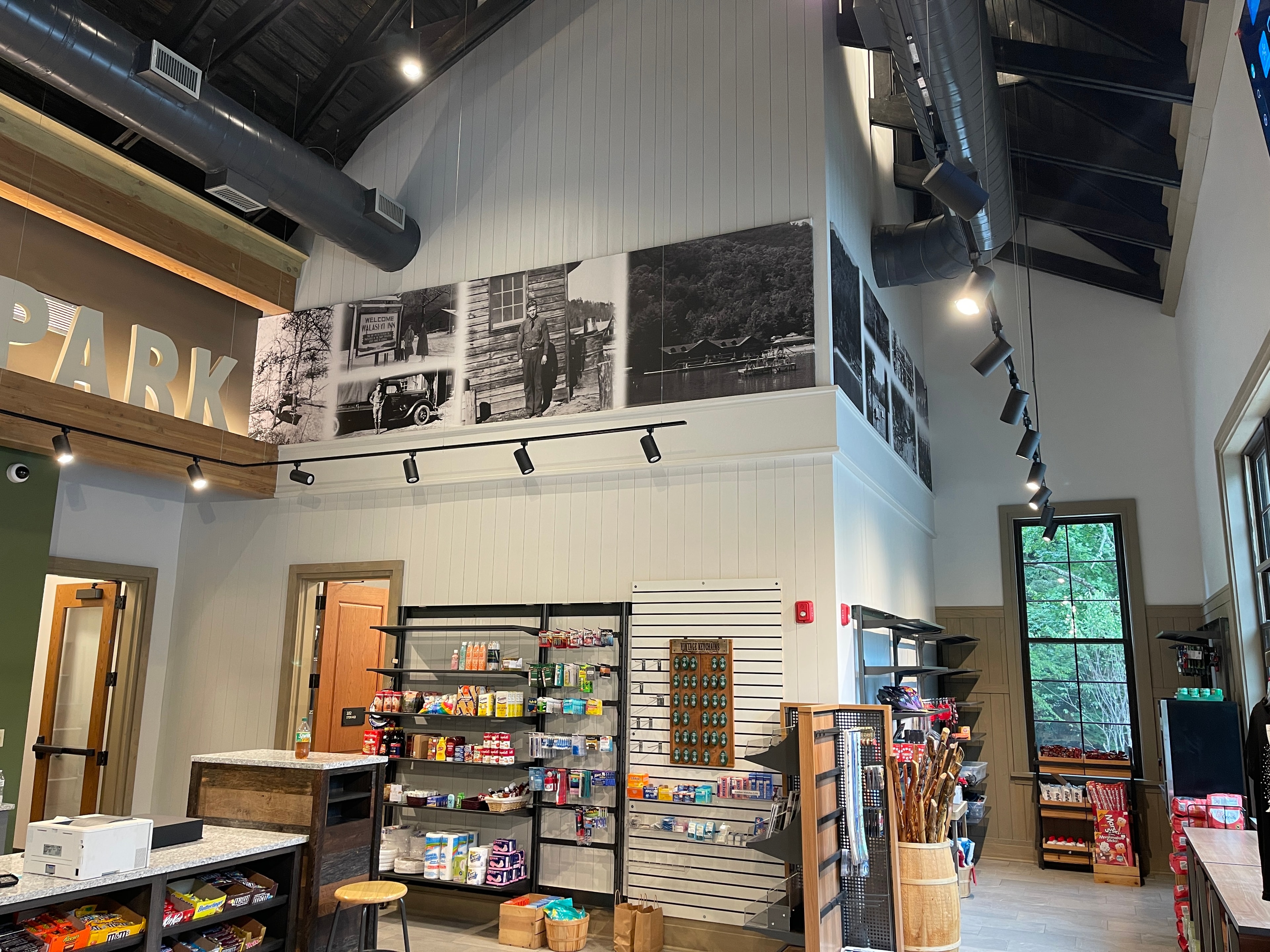 Vogel State Park visitor center retail interior with historical photo murals and merchandise displays