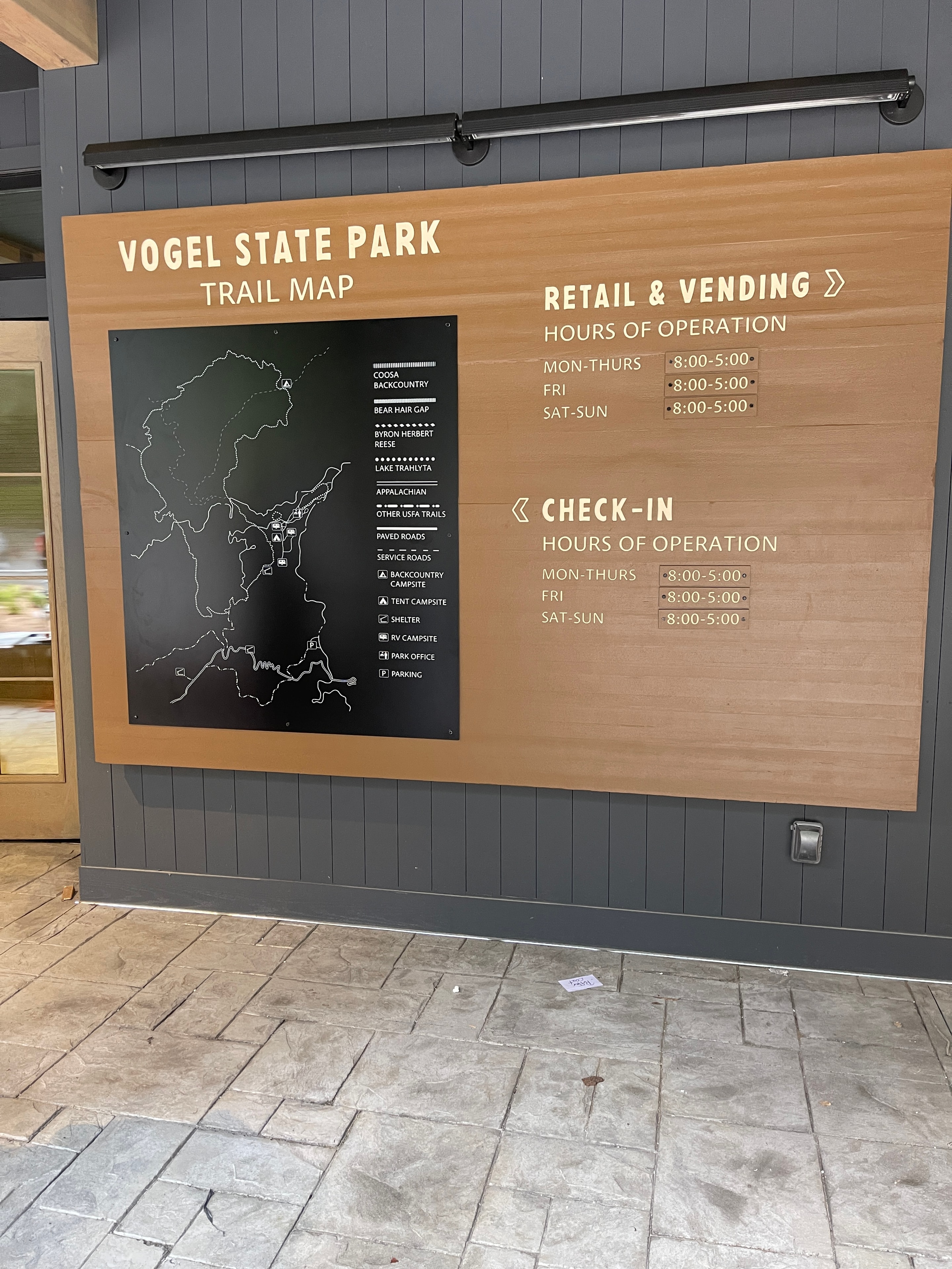 Vogel State Park site map and wayfinding panel with trail and facility information